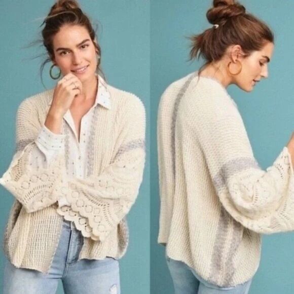 Anthropologie Boho Romantic Knit Crochet Cardigan Sweater Oversized One Size - Picture 2 of 10
